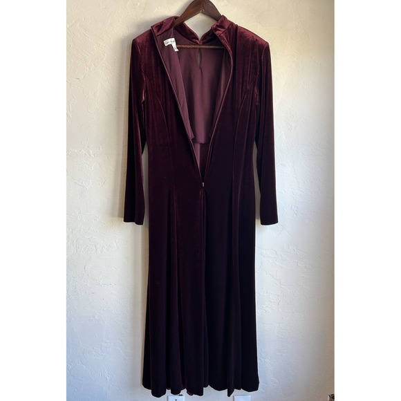 Vintage 90s David Warren Burgundy Velvet Maxi Dress 12 Mandarin Whimsigoth - Picture 3 of 8